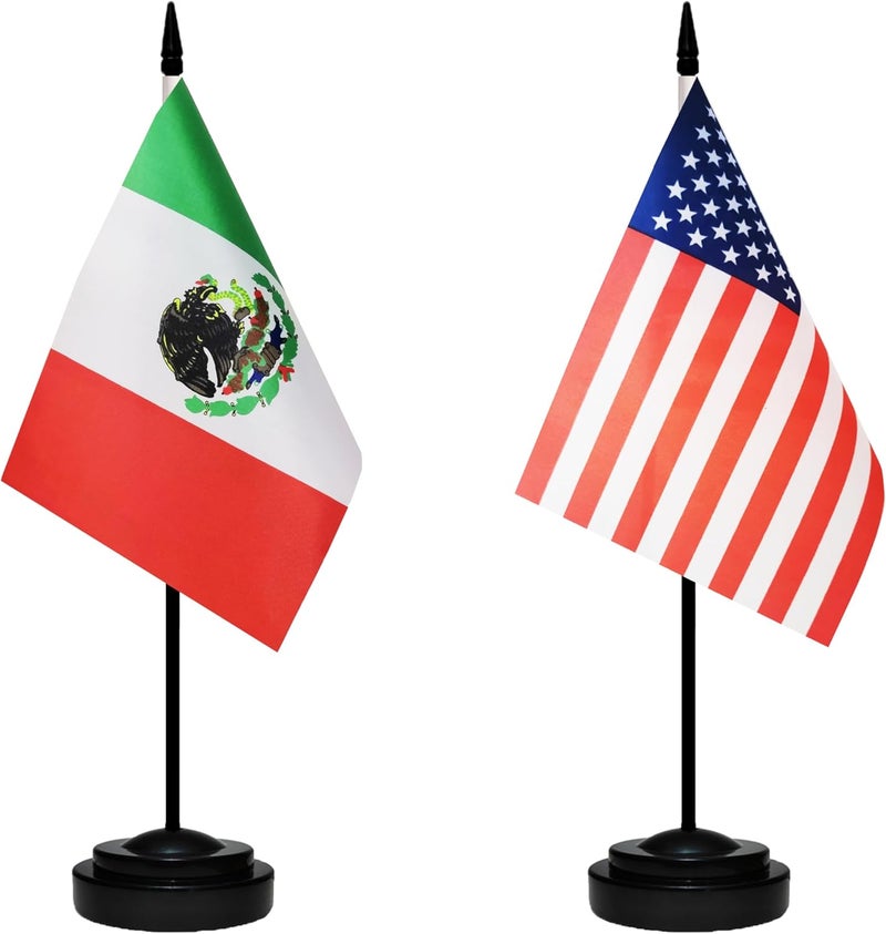 tibijoy USA American & Mexico Mexican MX Desk Flags, US Mexico Table Flag, Small Mini American & Mexican MX Twin Table Office Flag, Miniature Mexican MX and US Desktop Flag With 13" Solid Black Pole, Black Base - Image 1
